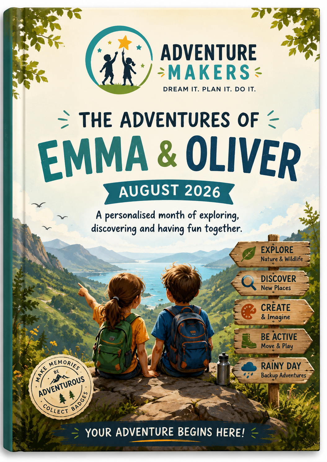 Adventure Makers personalised book cover showing two children overlooking a lake with category signposts